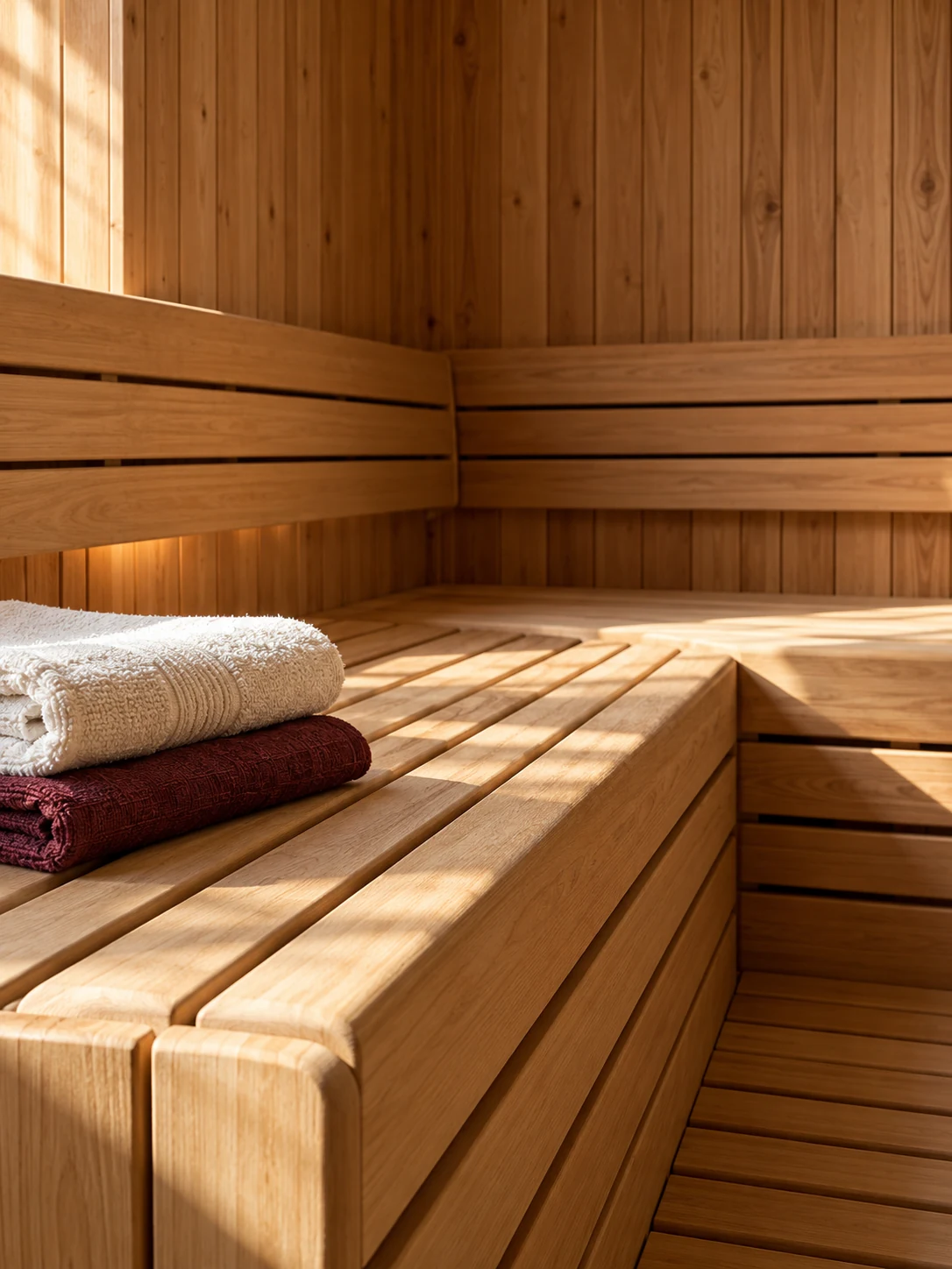 Sauna de madera cálida con toallas dobladas sobre el banco.